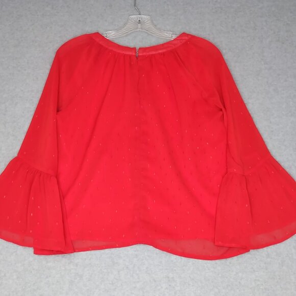 Sunsets & Sweet Tea M Red Chiffon 3/4 Sleeve Ruffle Frill Lined Blouse Top Night - Picture 8 of 12